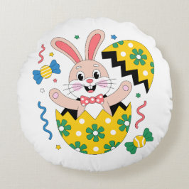 Cojín Redondo Conejo de Pascua saliendo de un huevo