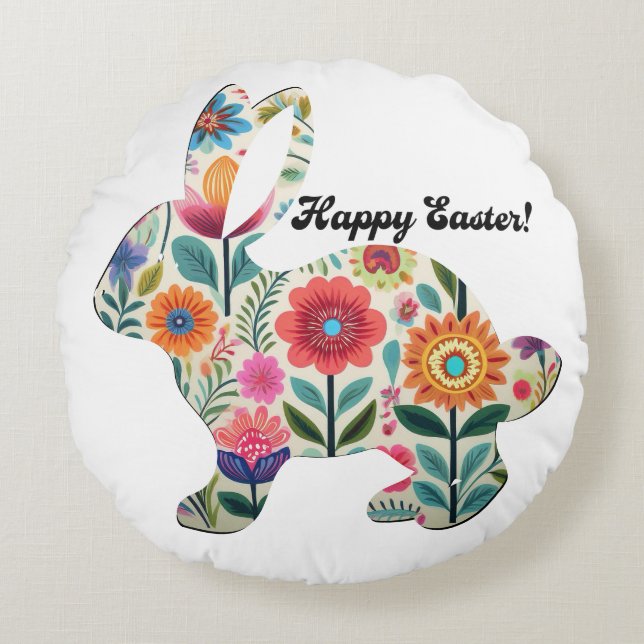 Cojín Redondo Conejo de Pascua Silueta Personalizable con Flores (Anverso)