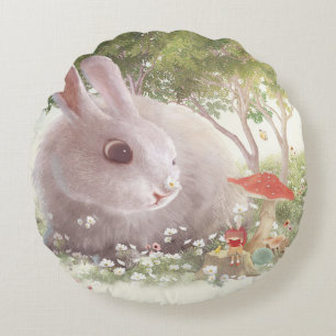 Cojín Redondo Conejo de primavera: conejo realista en jardín de 