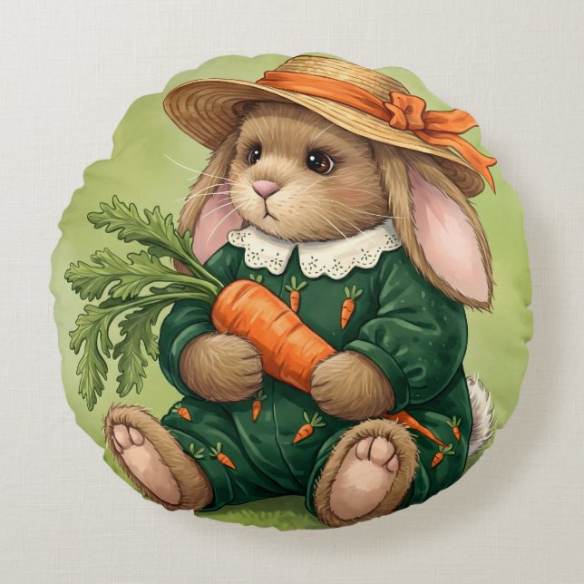 Cojín Redondo Conejo en traje de salto verde con una zanja (Anverso)