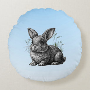 Cojín Redondo Conejo gris blanco contra cielo azul