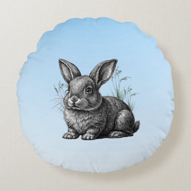 Cojín Redondo Conejo gris blanco contra cielo azul (Anverso)