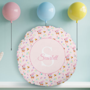 Cojín Redondo Conejo Rosa Lindo Trompeta Jardín Azul Monograma