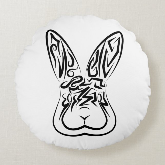 Cojín Redondo Conejo tribal blanco y negro (Anverso)