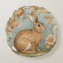 Cojín Redondo Conejo Vintage, Conejo Bunny, Patrón Floral, Retro