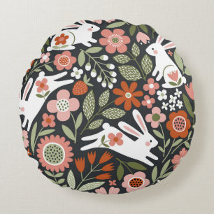 Cojín Redondo Conejos blancos, patrón de cosecha floral.