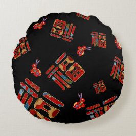 Cojín Redondo Conejos coloridos 福 Bendición Año Nuevo Lunar