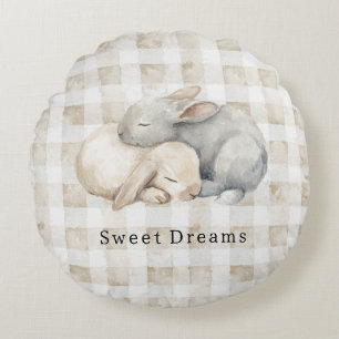 Cojín Redondo Conejos durmiendo a cuadros grises crema lindos