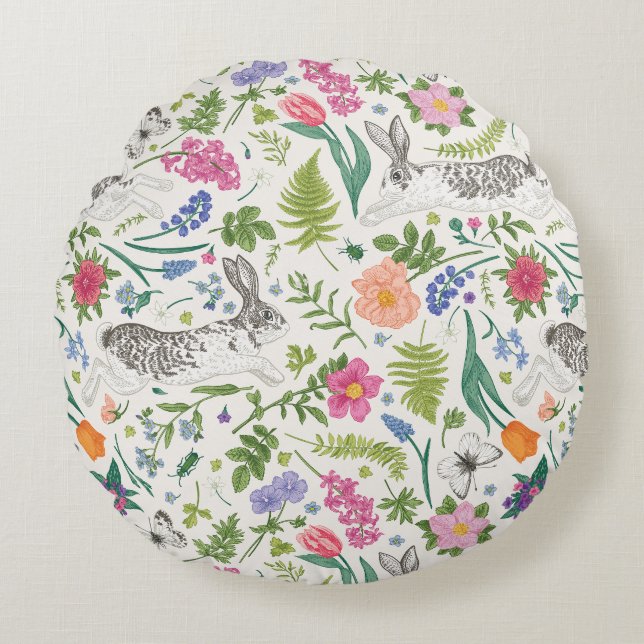 Cojín Redondo Conejos, mariposas y flores (Anverso)