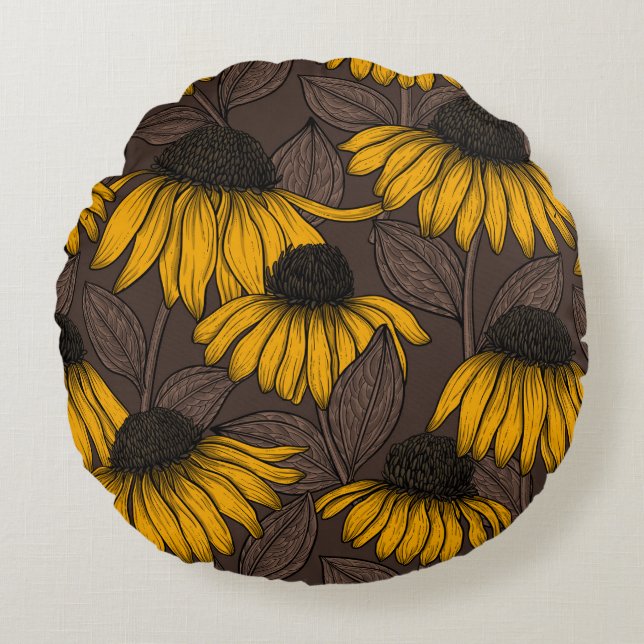 Cojín Redondo Confluencias amarillas en marrón oscuro (Anverso)