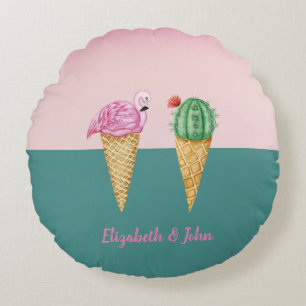Cojín Redondo Conos de helado coloridos Cactus Flamingos rosas