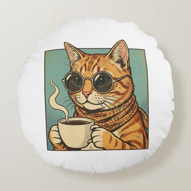 Cojín Redondo Cool Cat Coffee Retro Style Design for Cat Lovers (Anverso)