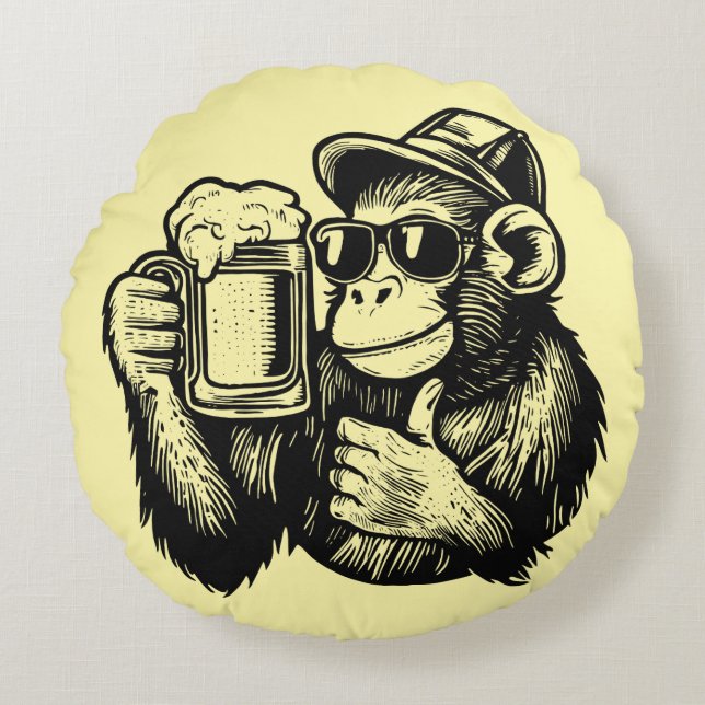 Cojín Redondo Cool Chimpanzee Beer (Anverso)