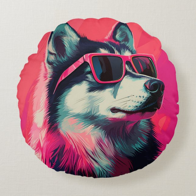 Cojín Redondo Cool Siberian Husky dog with sunglasses (Anverso)
