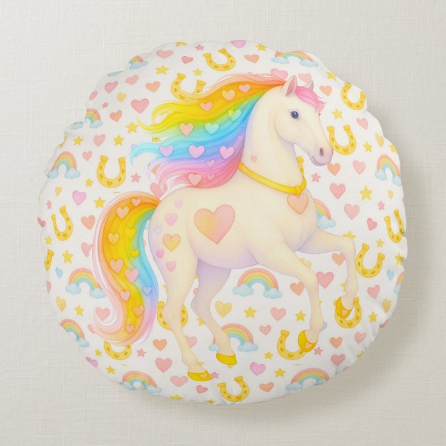 Cojín Redondo Cooper & Cody — Rainbow Horses Throw Pillow (Anverso)