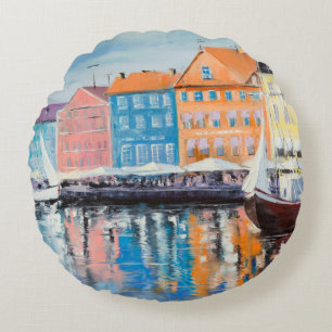 Cojín Redondo Copenhague en un día brillante, edificios colorido