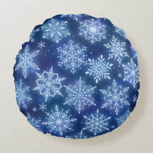 Cojín Redondo Copia de Nieve de Magia Invernal Cielo Azul Profun