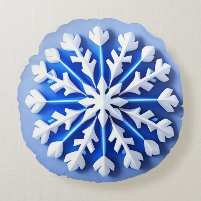 Cojín Redondo Copo de Nieve Azul Detallado (Anverso)
