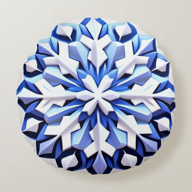 Cojín Redondo Copo de Nieve Azul Detallado (Anverso)