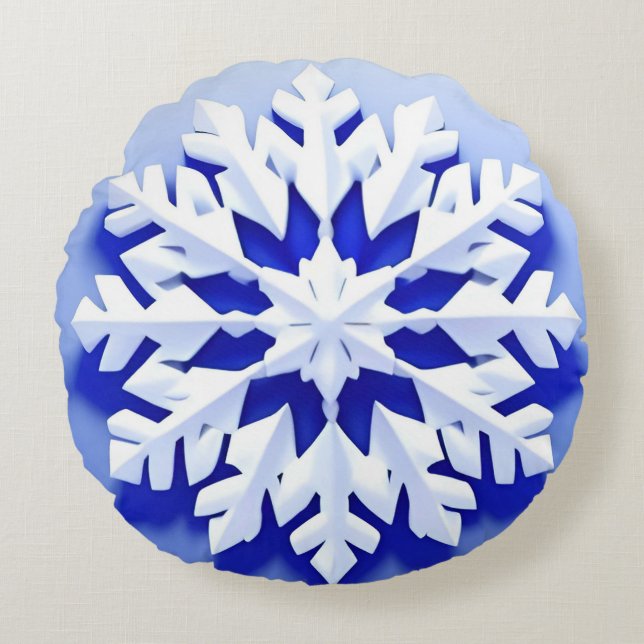 Cojín Redondo Copo de Nieve Azul Detallado (Anverso)