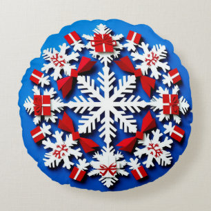Cojín Redondo Copo de Nieve Blanco Festivo con Regalo Rojo