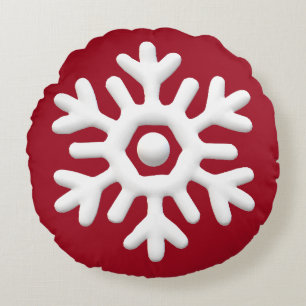 Cojín Redondo Copo de nieve blanco sobre fondo rojo