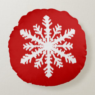 Cojín Redondo Copo de nieve de Ikat - rojo oscuro y blanco