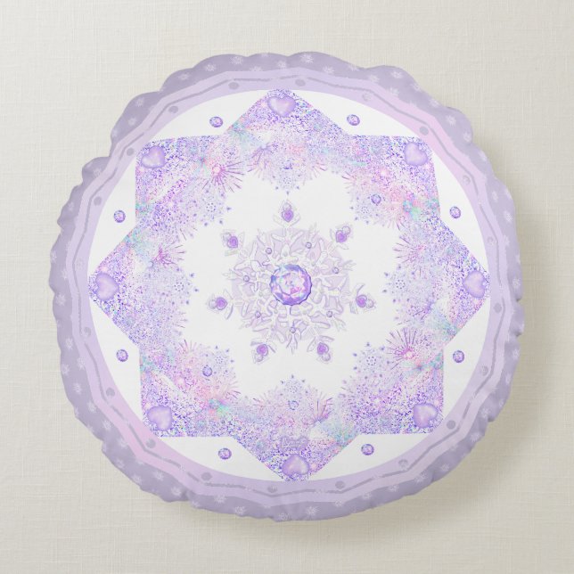Cojín Redondo copo de nieve morado ligero y corazón brillante (Anverso)