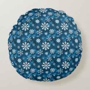 Cojín Redondo Copos de nieve blancos sobre fondo azul Navidad