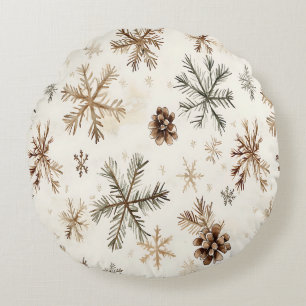 Cojín Redondo Copos de nieve y pinecones de invierno rústicos