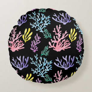 Cojín Redondo Coral Reef Elegance: Patrón acuarela