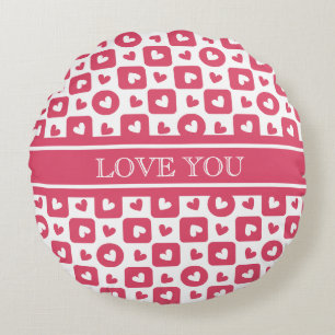 Cojín Redondo Corazón de cuadros rosa personalizado "Te amo"