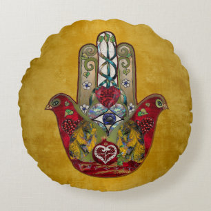 Cojín Redondo Corazón de Granada Rojo de Pájaro Hamsa Rubí