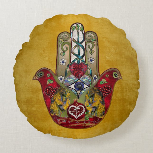 Cojín Redondo Corazón de Granada Rojo de Pájaro Hamsa Rubí (Anverso)
