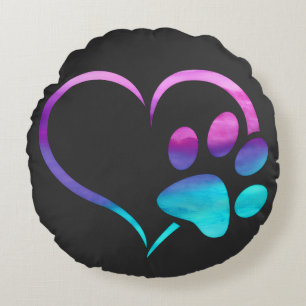 Cojín Redondo Corazón de Huella de Perro Cian Púrpura