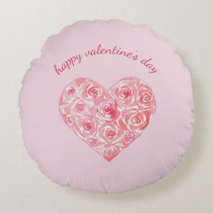 Cojín Redondo Corazón de Rosa de Acuarela Personalizada para el