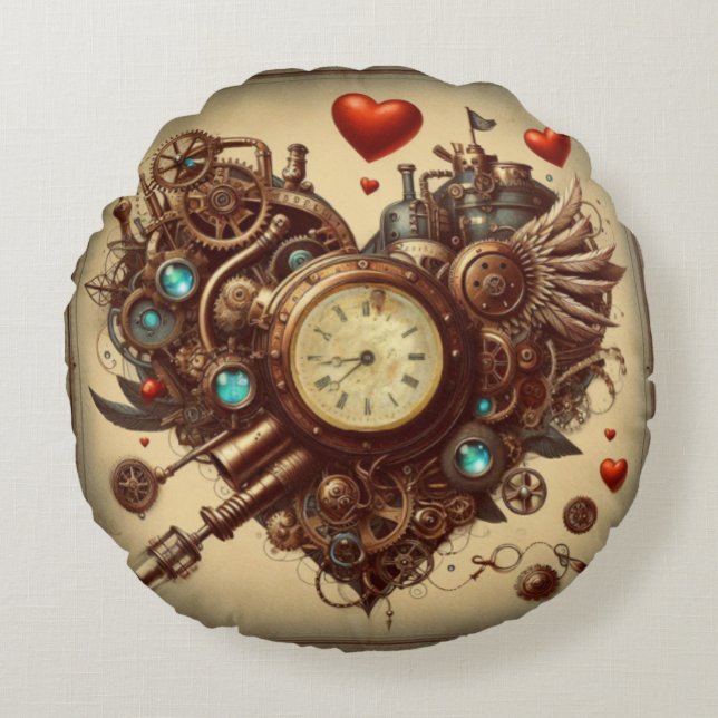 Cojín Redondo Corazón/el día de San Valentín de Steampunk (Anverso)