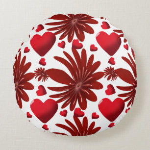 Cojín Redondo Corazón Floral Rojo Patrón Estético Flor Romántica