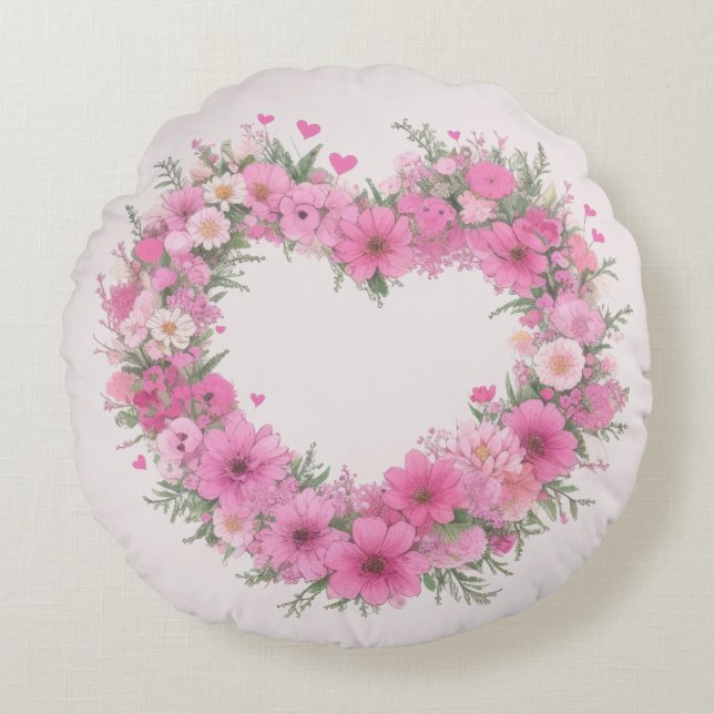 Cojín Redondo Corazón floral rosa (Anverso)