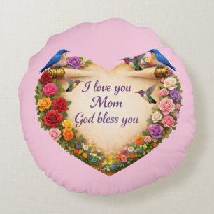Cojín Redondo Corazón Floral Rosa “Te Amo Mamá...” Almohadón Red