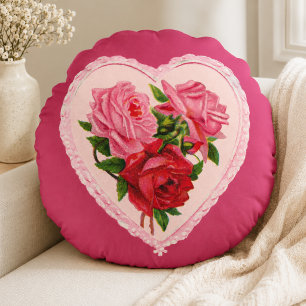 Cojín Redondo Corazón Magenta Vintage Rosa San Valentín