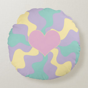 Cojín Redondo Corazón - Rosa Pastel, Amarillo, Púrpura y Verde