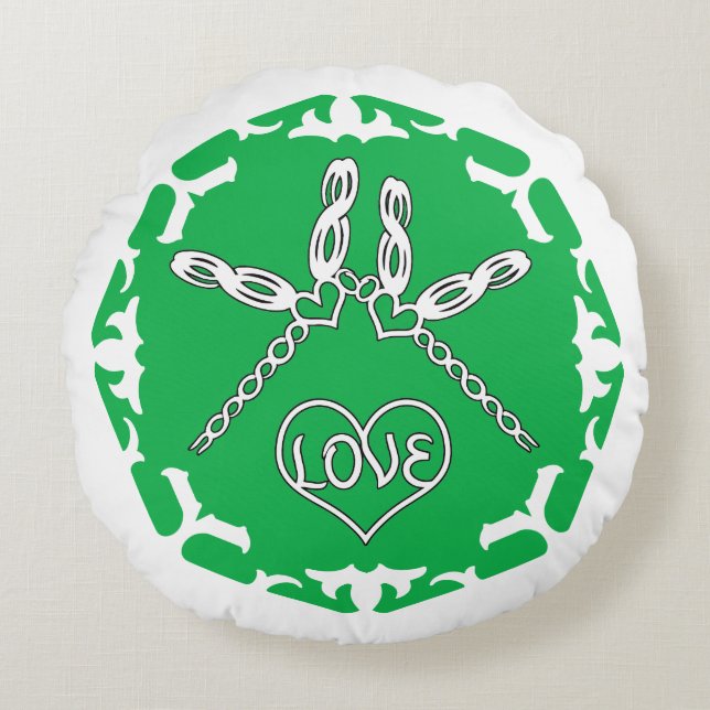 Cojín Redondo Corazón Verde Chakra "Amor" Libélulas Fondo Blanco (Anverso)