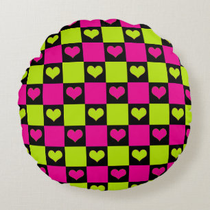 Cojín Redondo Corazones de damero - verde lima, rosa caliente y 