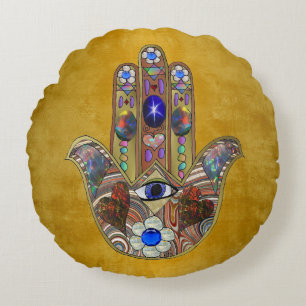 Cojín Redondo Corazones de Hamsa Flores Ópalo Arte en Oro