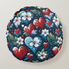 Cojín Redondo Corazones de Navidades florales en azul rojo y ver
