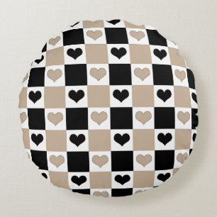 Cojín Redondo Corazones de tablero de ajedrez en taupe, negro y 