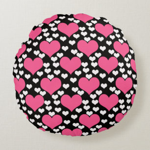 Cojín Redondo Corazones Rosa Y Blanco Sobre Diseño De Fondo Negr