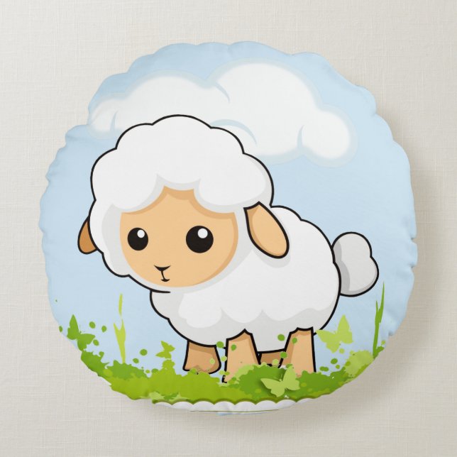 Cojín Redondo Cordero pequeño lindo (Anverso)