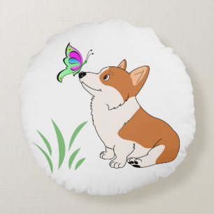 Cojín Redondo Corgi Galés del Pembroke con la mariposa
